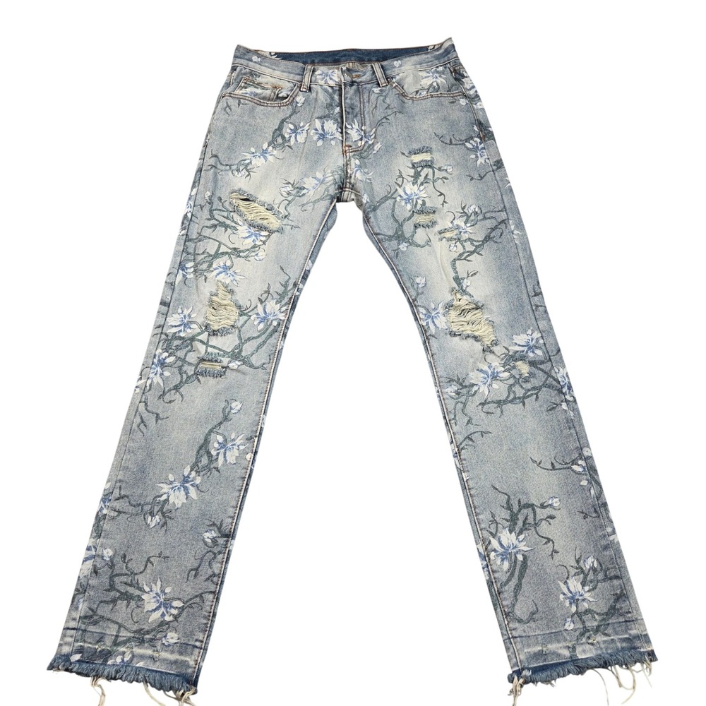 MNML Jeans Mens 32 Blue Floral Print Distressed Light Wash Ripped Straight Leg